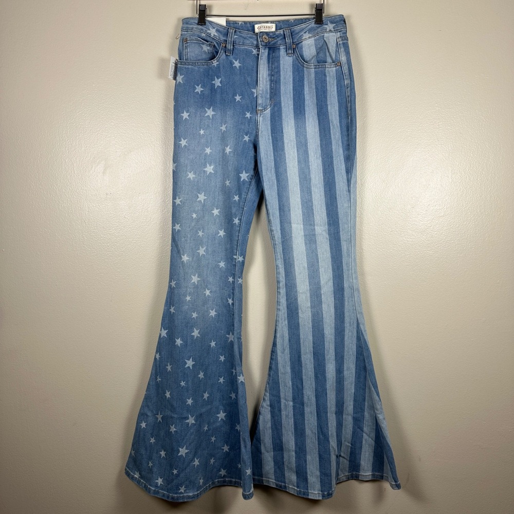 Shyanne Women's 32/34 Flare Jeans Blue Stars and Stripes Patriotic High Rise NEW